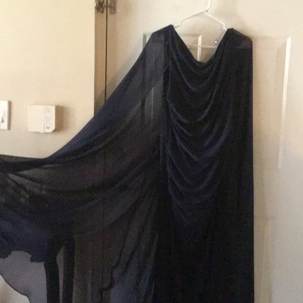 Floor length Mother of the Groom dress: Navy blue with attached cape.